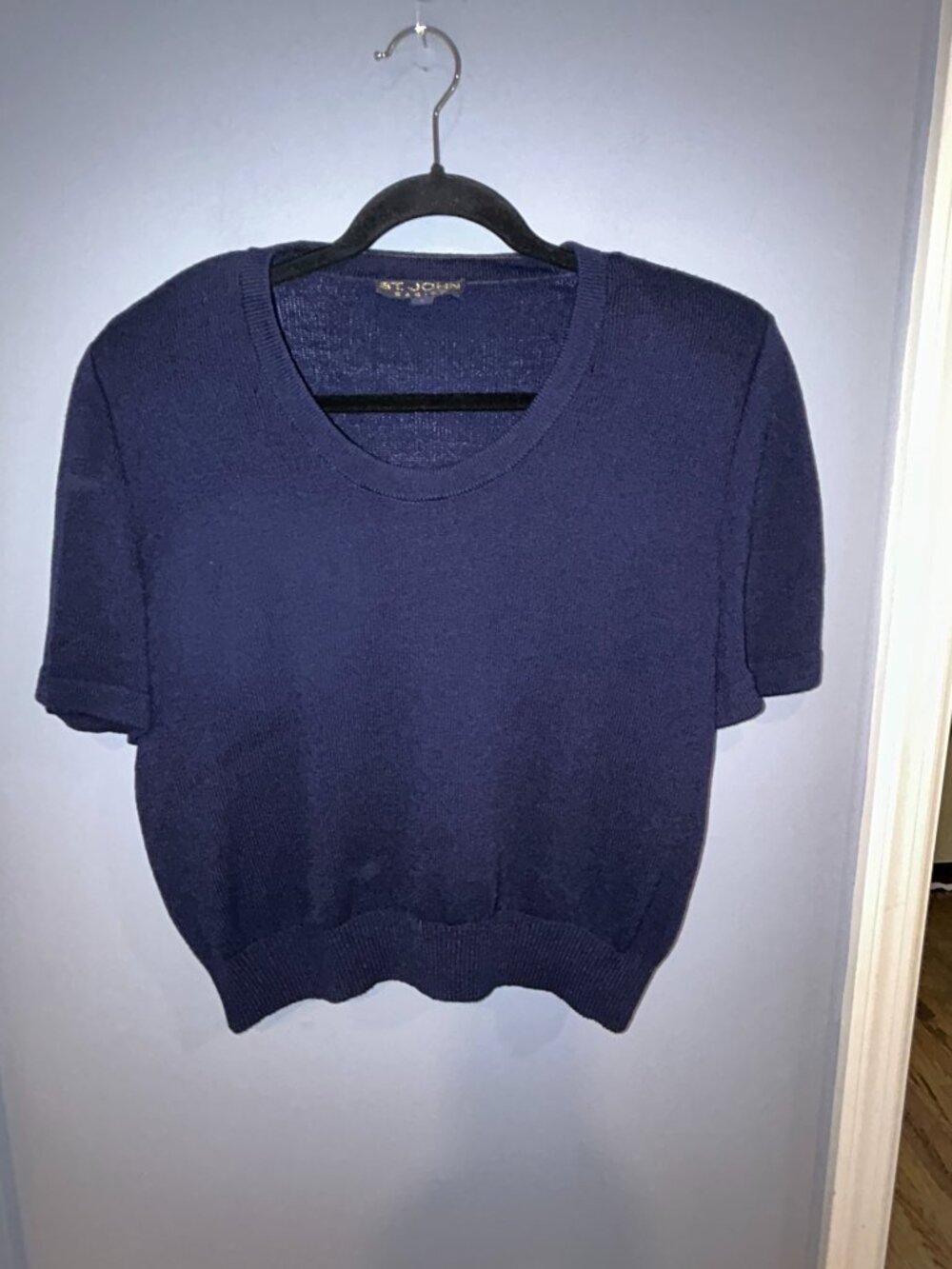 St John Basics Navy Short Sleeve Knit Sweater, Sz L Ladies